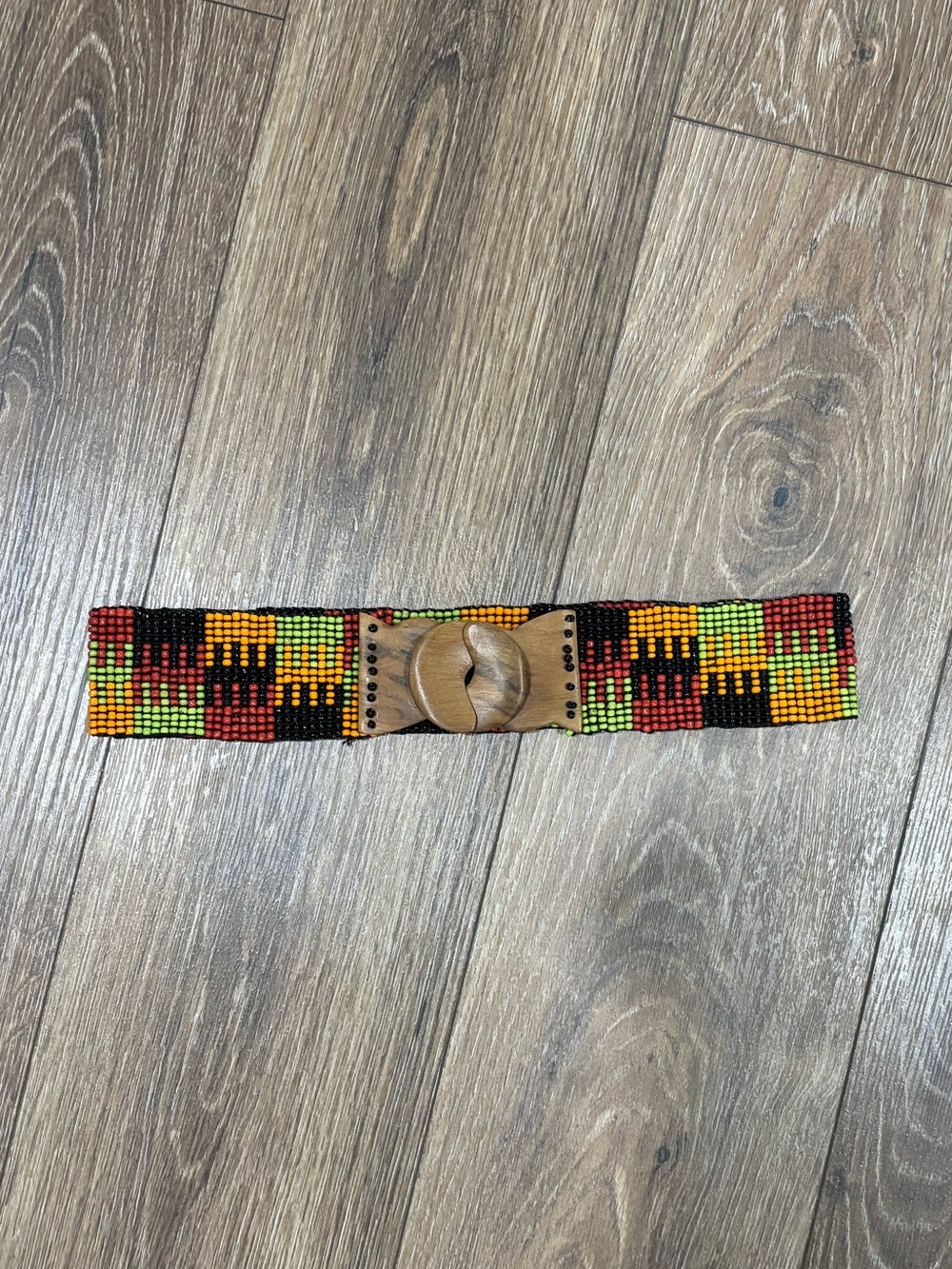 Vintage Beaded Multicolor Stretch Waist Belt with Wooden Clasp